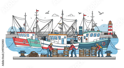 A flat-style vector image showing fishermen unloading crates of fish from boats at a harbor, using simple geometric forms, a coastal industry theme, and a white background.