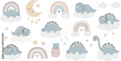 Cute pastel dinosaurs and rainbows in a whimsical nursery art illustration