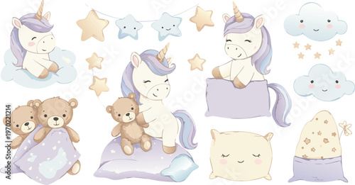 Whimsical illustration of unicorns and teddy bears in pastel colors for kids