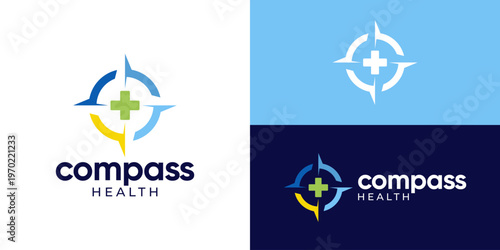 Creative simple compass health logo template. Compass with cross plus symbol logo design vector illustration.