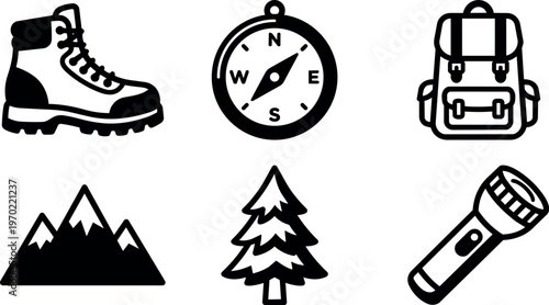 Black and white hiking boot compass backpack mountain tree flashlight icons