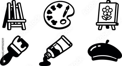 Black and white line art painting icons with easel palette brush canvas and beret