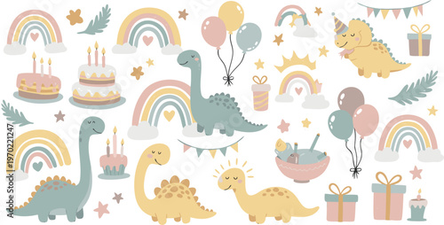 Whimsical pastel dinosaur party scene with rainbows and balloons