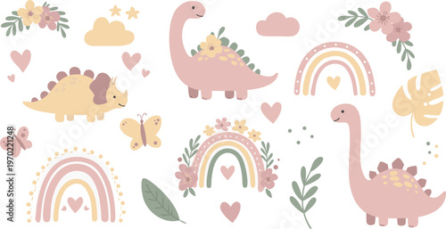 Pastel dinosaurs and rainbows with flowers and hearts in a whimsical illustration