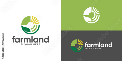 Creative simple farmland logo template. Rural landscape vector design. Farm food badge logo design template.