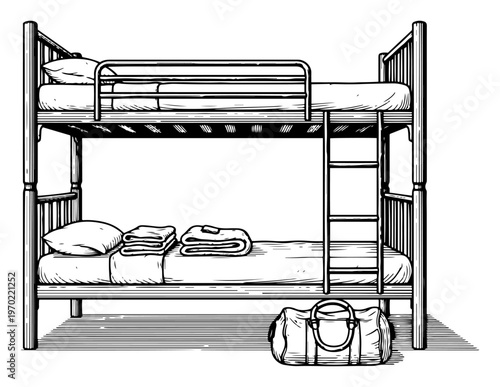 Woodcut style bunk bed furniture inside military barracks or dorm room
