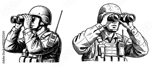 Military soldiers looking through binoculars for surveillance in vintage engraving style