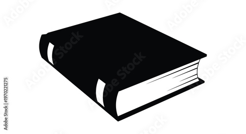 A stark black silhouette of a closed hardcover book rests on a white background creating a simple image silhouette