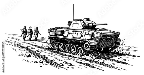 Heavy military tank and soldiers moving on a dirt road in woodcut illustration style