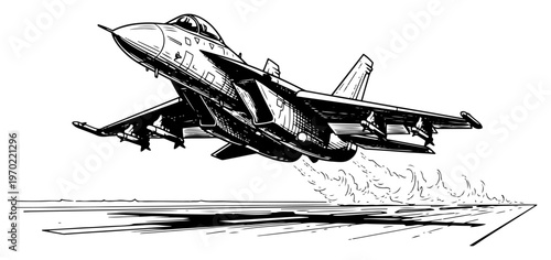 Military jet fighter aircraft taking off from runway in hand drawn engraving style