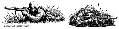 Infantry soldiers crawling through tall grass with rifles in hand drawn engraving style