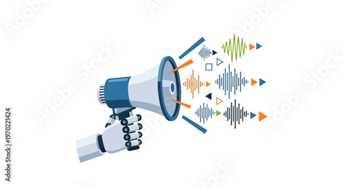 Robotic Hand Holding Megaphone Broadcasting Digital Sound Waves - AI Communication and Automated Marketing Vector Concept Illustration