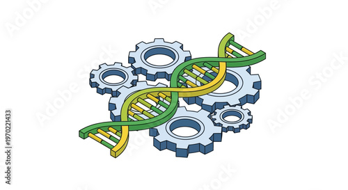 Isometric Illustration of DNA Double Helix with Mechanical Gears Representing Genetic Engineering and Biotechnology Innovation