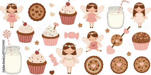 Cute cartoon girls surrounded by sweet treats and milk
