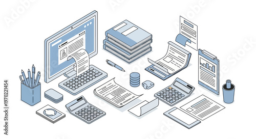 Isometric Accounting and Bookkeeping Workspace with Computer, Calculators, and Business Documents, Financial Analysis and Tax Preparation Concept Vector Illustration