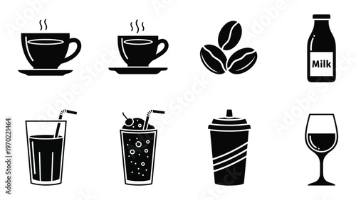 A collection of black beverage icons including coffee tea juice and cocktails in a clean silhouette high quality professional detailed modern