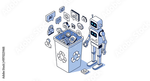 AI and Robot Data Recycling Concept Illustration with Technology Icons in Isometric Style