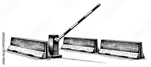 Automatic security boom barrier gate with concrete blocks in engraving style