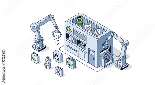 Isometric Automated Recycling Facility with Robotic Arms and Waste Management Machine for Sustainable Green Technology