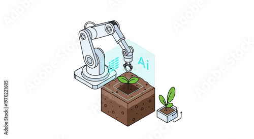 Smart Agriculture Isometric Illustration of an AI Robotic Arm Tending to a Young Plant Sprout in Soil