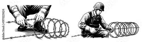 Soldier cutting and setting up barbed wire obstacles in engraving style