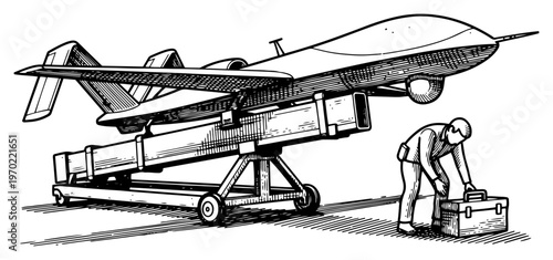 Military unmanned aerial vehicle drone on launcher with technician in hand drawn engraving style