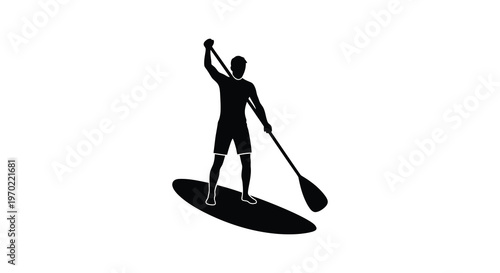 A dark silhouette of a person paddleboarding on calm water showcasing an active outdoor lifestyle silhouette high quality