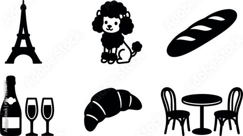Black and white paris poodle bread champagne table and chairs vector art