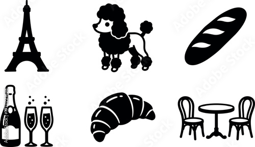 Black and white eiffel tower with poodle bread champagne and cafe table vector art