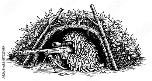 Stealthy sniper in ghillie suit hidden inside camouflaged blind in detailed engraving style