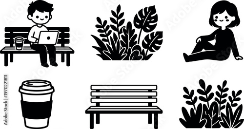 Boy with laptop and coffee on park bench with girl and plants