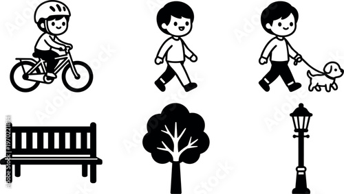 Child biking walking and walking dog with park bench tree and lamp post