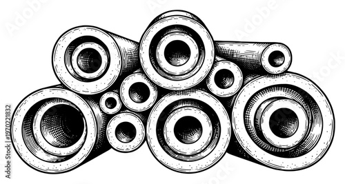 Stack of heavy industrial concrete pipes for infrastructure and drainage in hand drawn engraving style