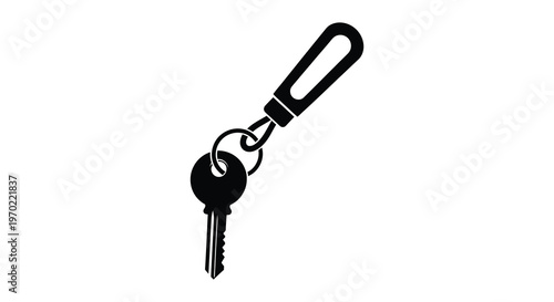 A simple black silhouette of a key attached to a keyring displaying a common everyday object silhouette