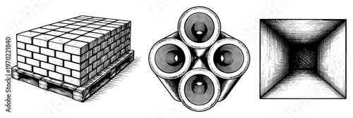 Set of construction materials featuring a brick pallet and concrete drainage pipes in engraving style