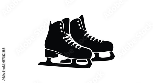 A striking black silhouette depicts a pair of ice skates with detailed lacing and blades silhouette high quality