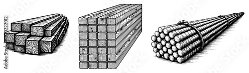 Bundles of wooden construction lumber and steel rebar rods in detailed hand drawn engraving style