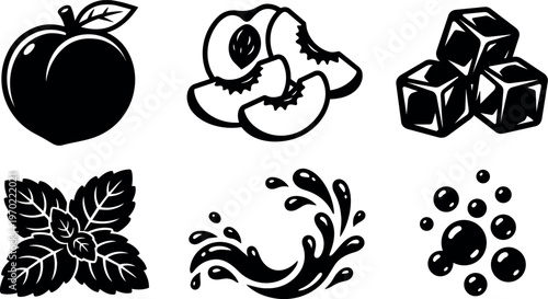 Black and white peach fruit slices mint leaves ice cubes splash and bubbles vector art