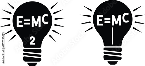 Black light bulb silhouettes with Einstein's physics formula isolated on white background representing scientific innovation creative intelligence and brilliant ideas for educational design projects.