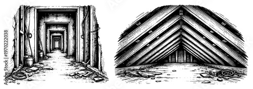 Detailed interior sketches of an old corridor and a wooden roof attic in engraving style