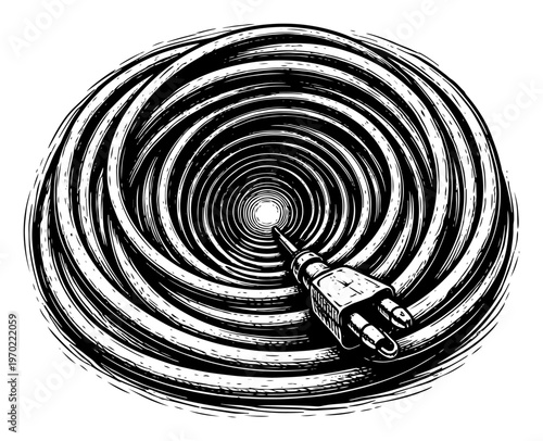 Coiled electric extension cord cable with power plug in detailed hand drawn engraving style