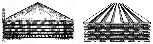 Stacks of construction materials including plywood sheets and corrugated metal roofing in engraving style