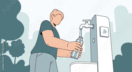 Man filling water bottle outdoors quickly.