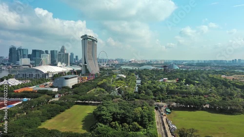 Marina bay, Singapore: Aerial view of famous island country and city-state - landscape panorama of Southeast Asia from above

