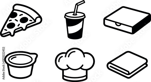 Black and white pizza slice soda drink and chef hat vector icons