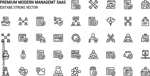 SaaS management and API integration line icon set featuring system configuration workflow automation developer tools and business platform services