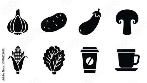 A collection of black silhouettes depicting various vegetables a coffee cup and a teacup a simple silhouette high quality professional detailed