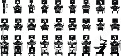 Ultrasound machine silhouettes vector set, medical imaging devices collection with monitor and probes, healthcare diagnostic equipment isolated black illustration for hospital clinic design
