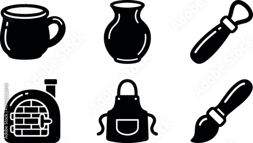Black kitchenware cup vase oven apron brush and whisk icons set