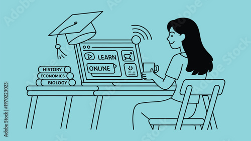 Online learning female student vector, depicting engagement with laptop, achieving educational goals through remote education platforms.